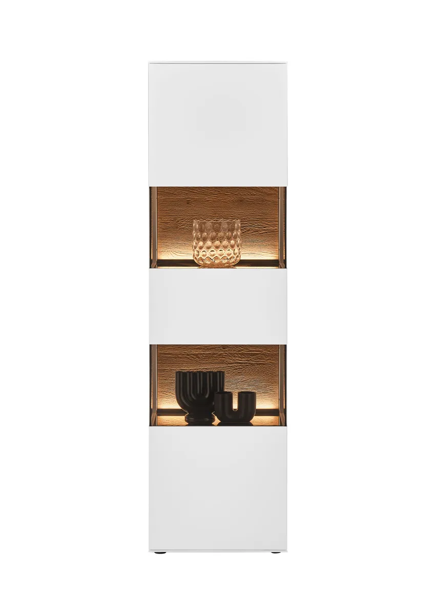 Vitrine - mit Beleuchtung, Birke massiv, Weiß lackiert, Applikation Kerneiche Umato