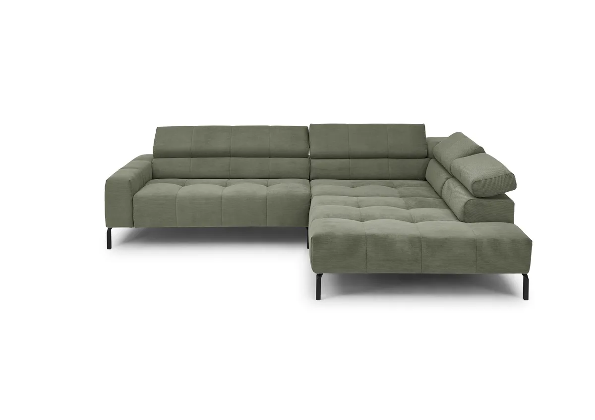 Ecksofa COLLEEN - 2-Sitzer mit Ecke rechts, Kopfteil verstellbar, Feincord, Olive