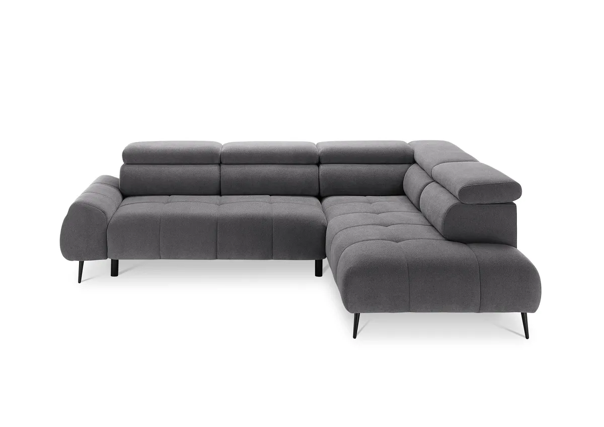 Ecksofa - 2-Sitzer mit Ecke rechts, Sitzvorzug motorisch, Kopfteil verstellbar, Stoff, Grau