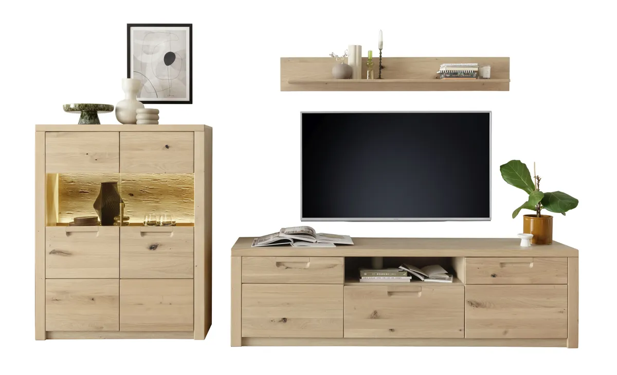 Wohnwand - mit Beleuchtung und Fernbedienung, Eiche Nachbildung, Eiche massiv geölt