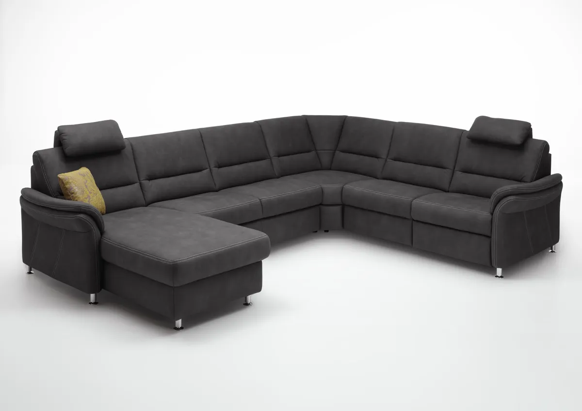 Wohnlandschaft - Longchair links mit 2,5-Sitzer und Ecke rechts inkl. 2 Premiumkopfstützen in Stoff Dunkelgrau