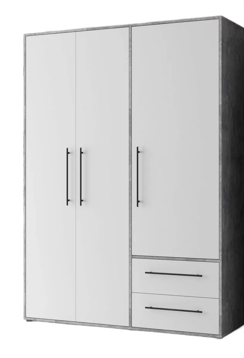 Drehtürenschrank FATHIE- B ca. 144 cm, Betonoptik, Weiß