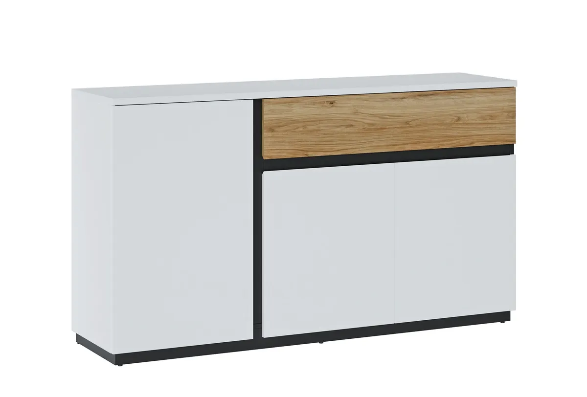 Kommode - B ca. 155 cm, Weiß, Eiche Nachbildung, Schwarz matt