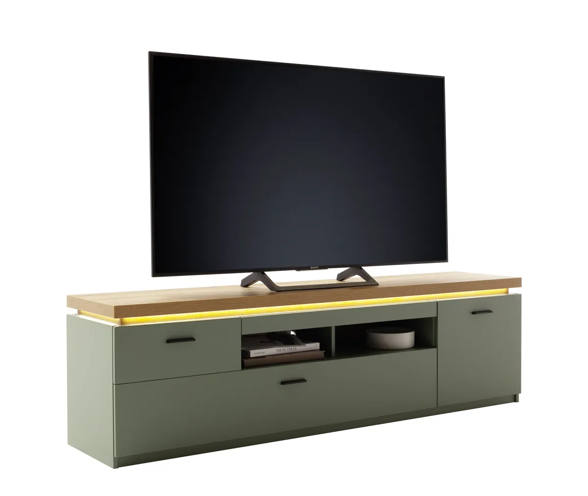 TV-Lowboard - mit Beleuchtung, B ca. 195 cm, Salbeigrün, Eiche Evoke Nachbildung