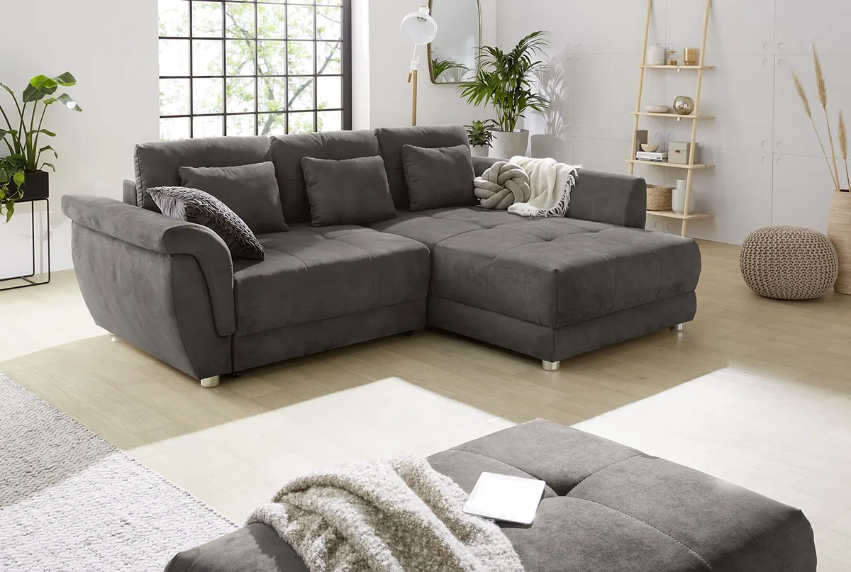 Polsterecke - 1,5-Sitzer, Longchair rechts inkl. Schlaffunktion mit Bettkasten, 3 Rückenkissen und 3 Nierenkissen, Stoff Grau