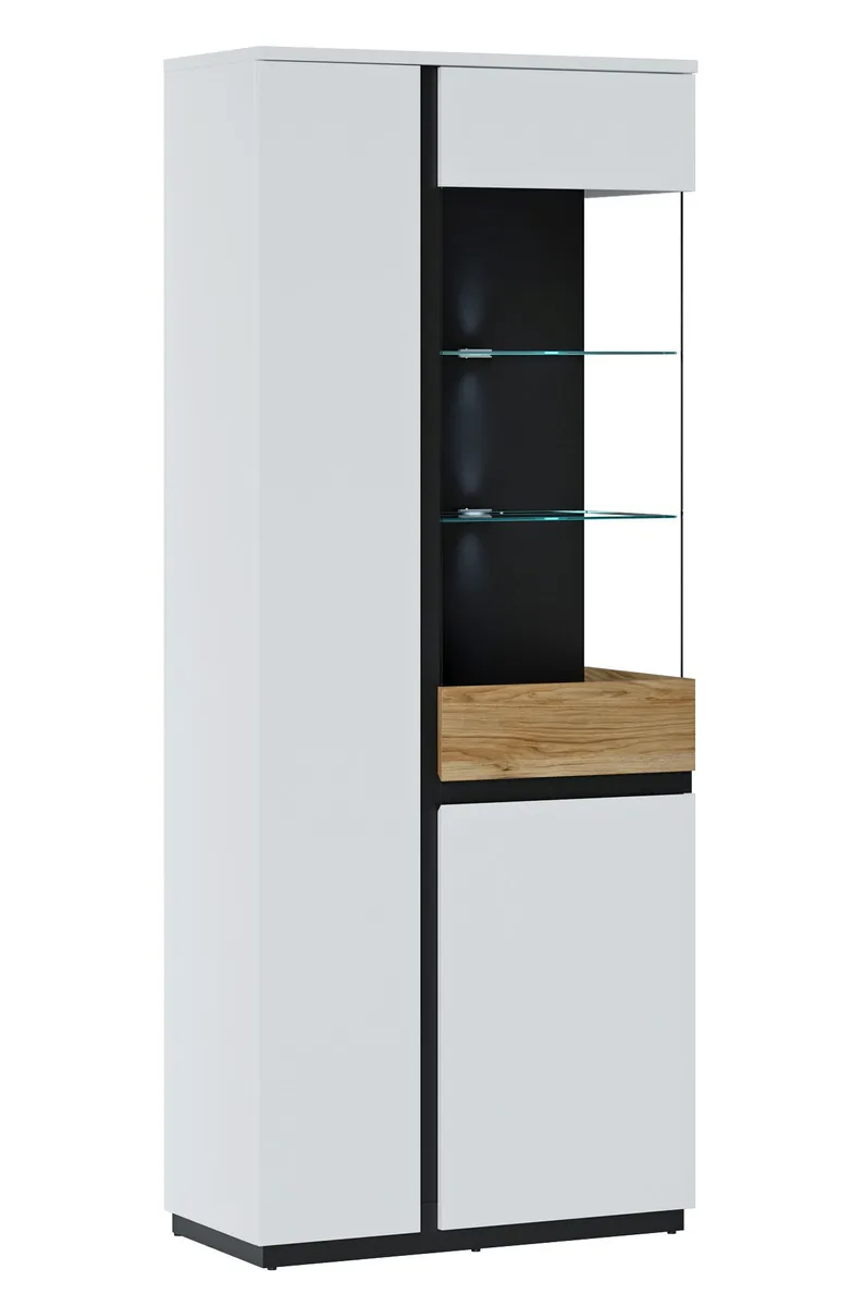 Vitrine - mit Beleuchtung, Weiß, Eiche Nachbildung, Schwarz matt