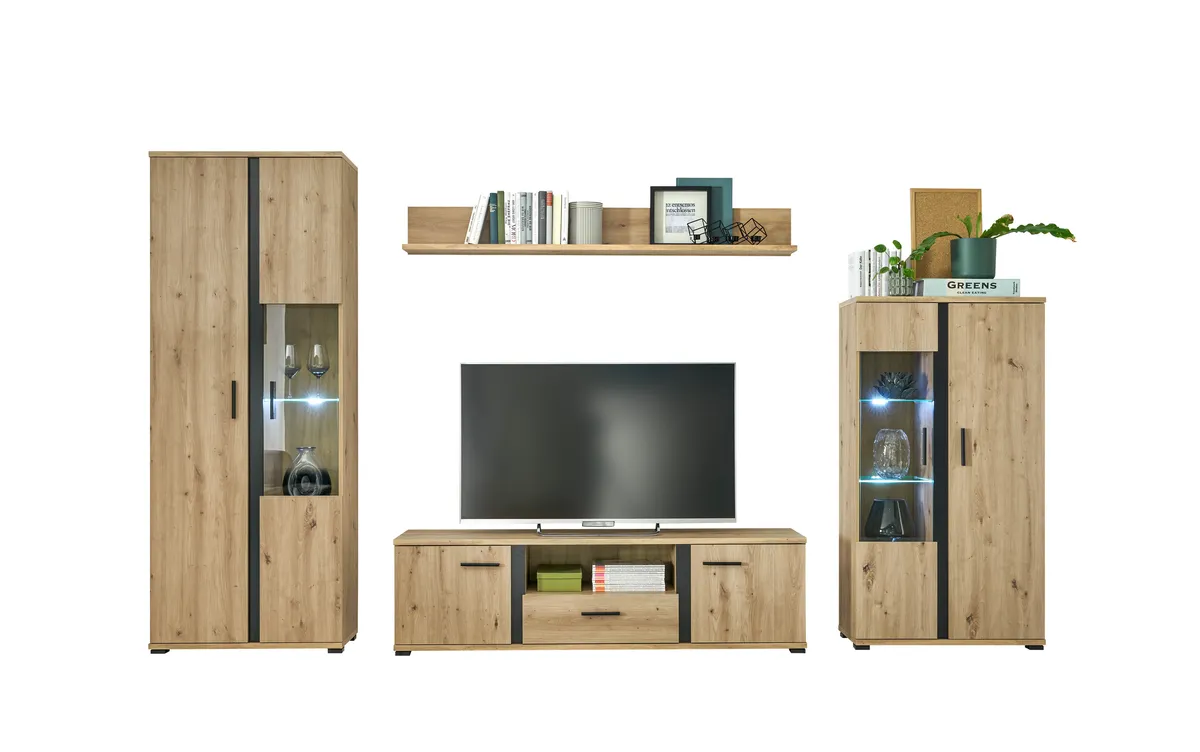 Wohnwand- Eiche  Dekor, Schwarz