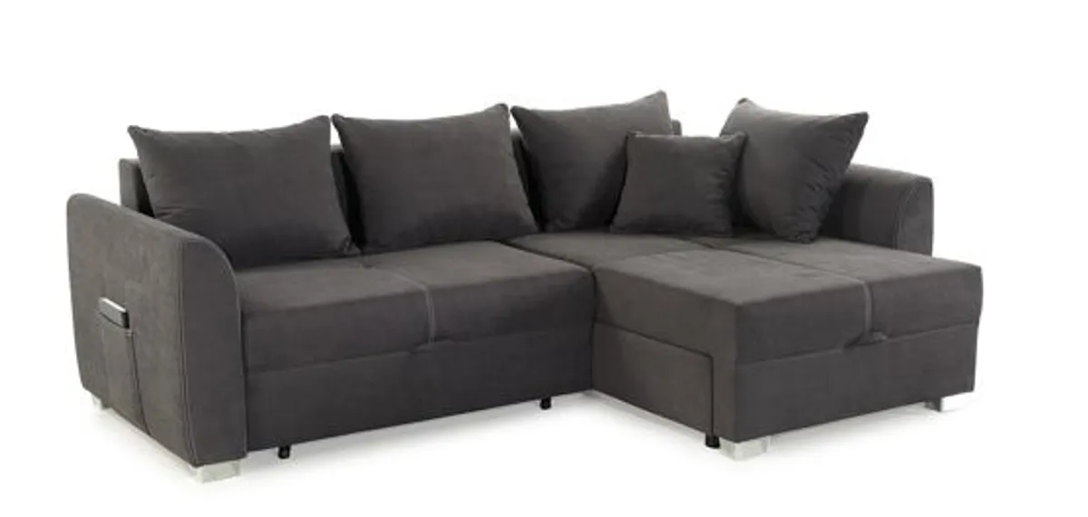 Ecksofa - 2-Sitzer, Ecke rechts inkl. Schlaffunktion mit Bettkasten, Stoff, Grau