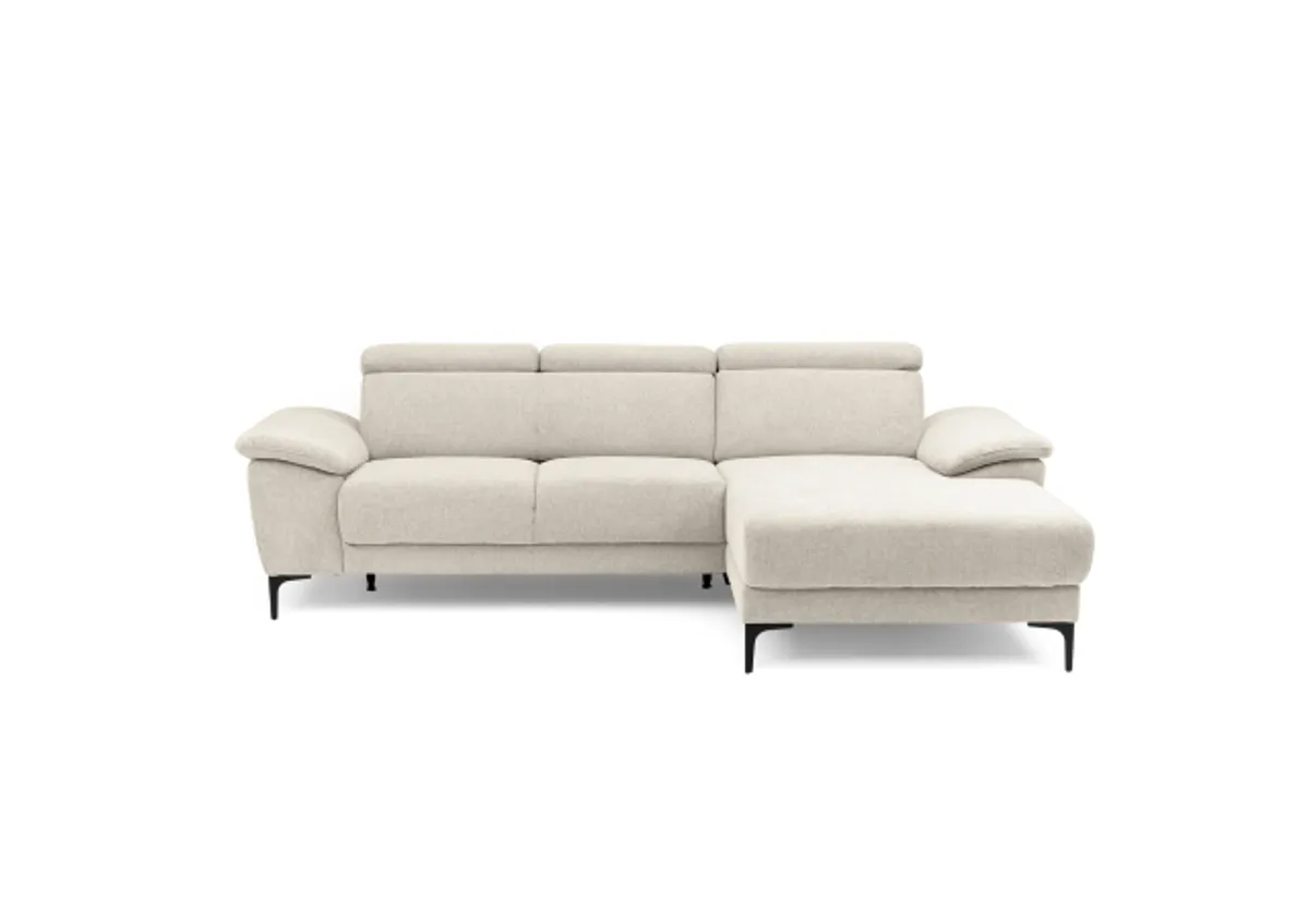 Ecksofa EZRA - 2-Sitzer, Ecke rechts inkl. Kopfteilverstellungen, Sitzvorzug, Stoff, Beige