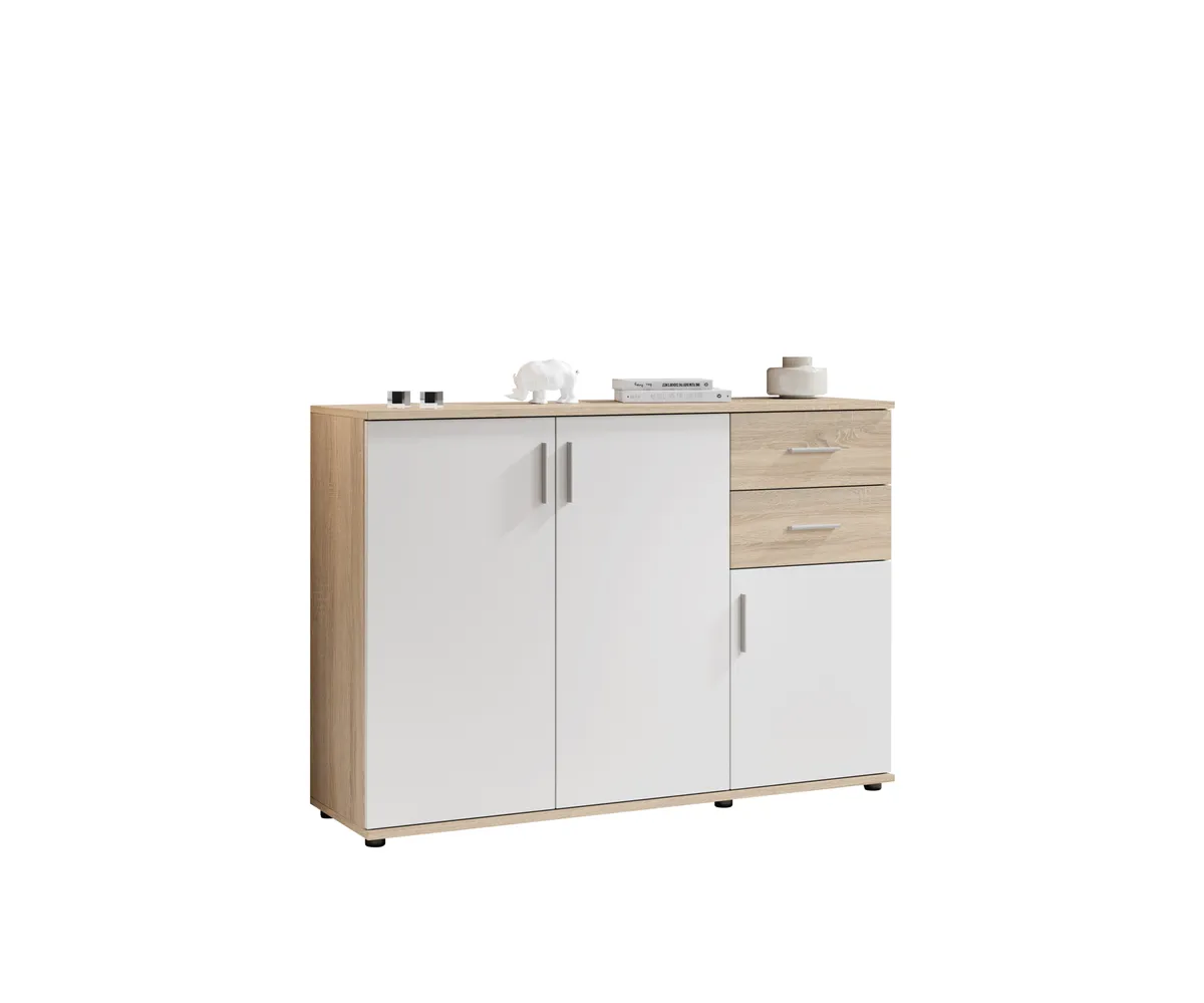 Kommode - B ca. 120 cm, Sonoma Eiche Nachbildung, Weiß