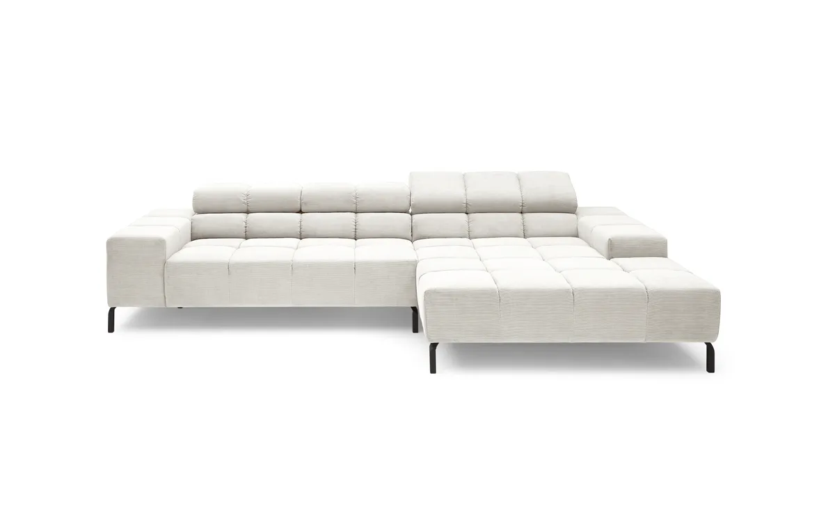 Ecksofa CLIVIA - 2-Sitzer mit Longchiar rechts, Sitzvorzug motorisch, Kopfteil verstellbar, Stoff, Creme