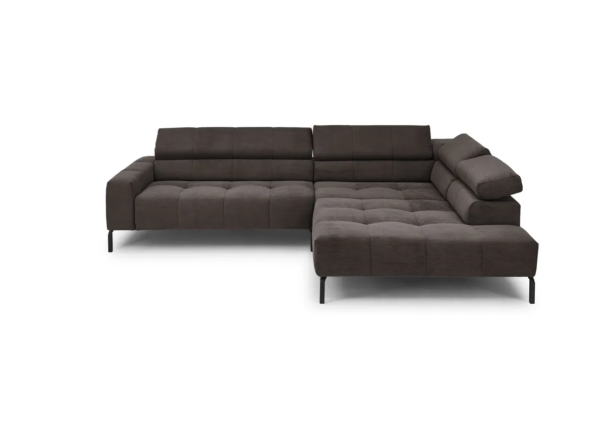 Ecksofa COLLEEN - 2-Sitzer mit Ecke rechts, Kopfteil verstellbar, Feincord, Mocca