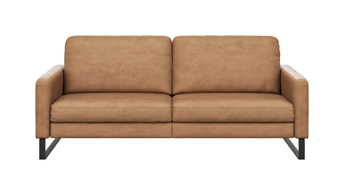 Sofa Enna - 3,5-Sitzer, Armlehne A, Leder, Cognac, Kufe, Schwarz