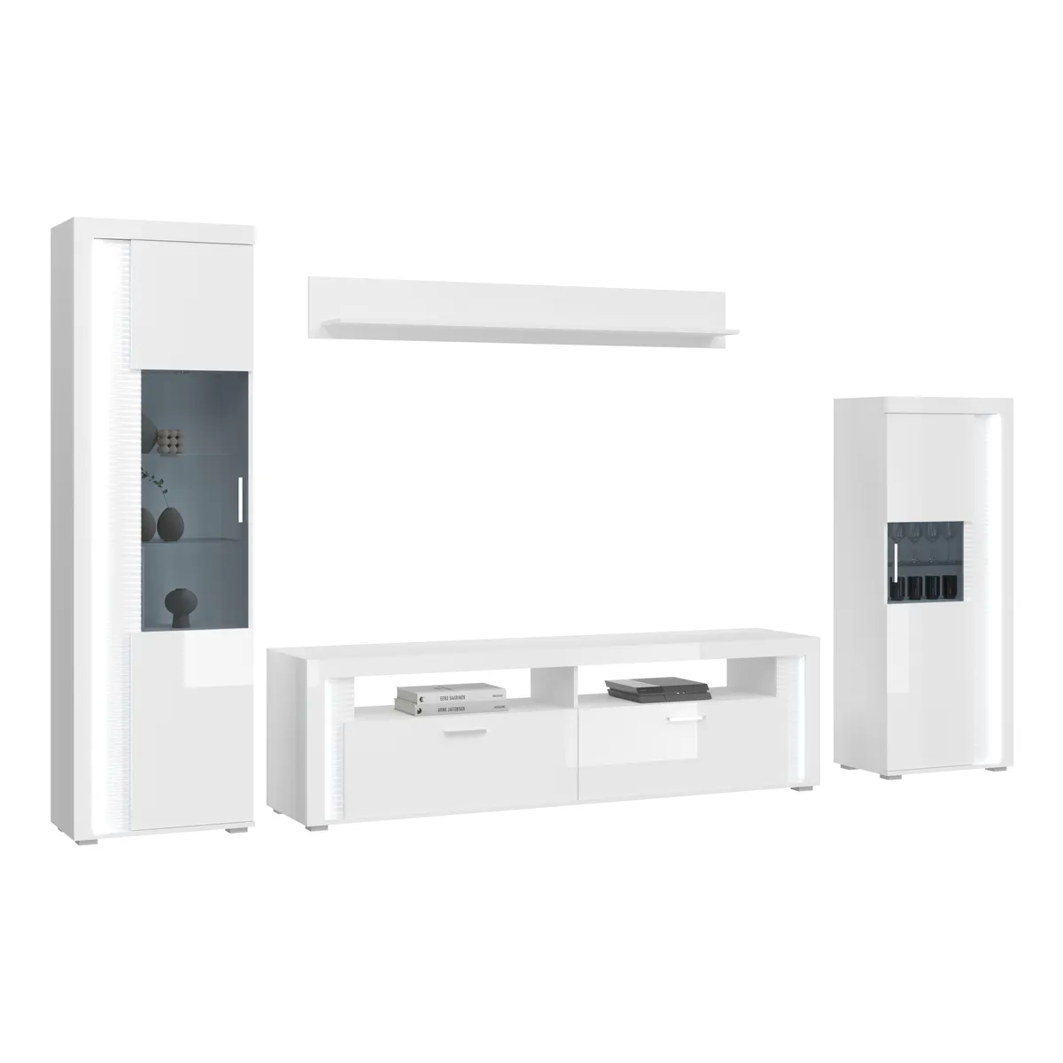 Wohnwand - mit Beleuchtung, Weiß, Weiß Hochglanz