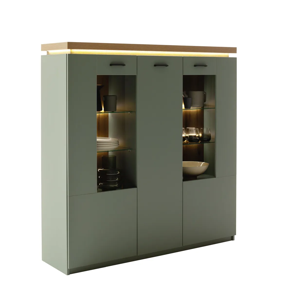 Highboard - mit Beleuchtung, B ca. 138 cm, Salbeigrün, Eiche Evoke Nachbildung