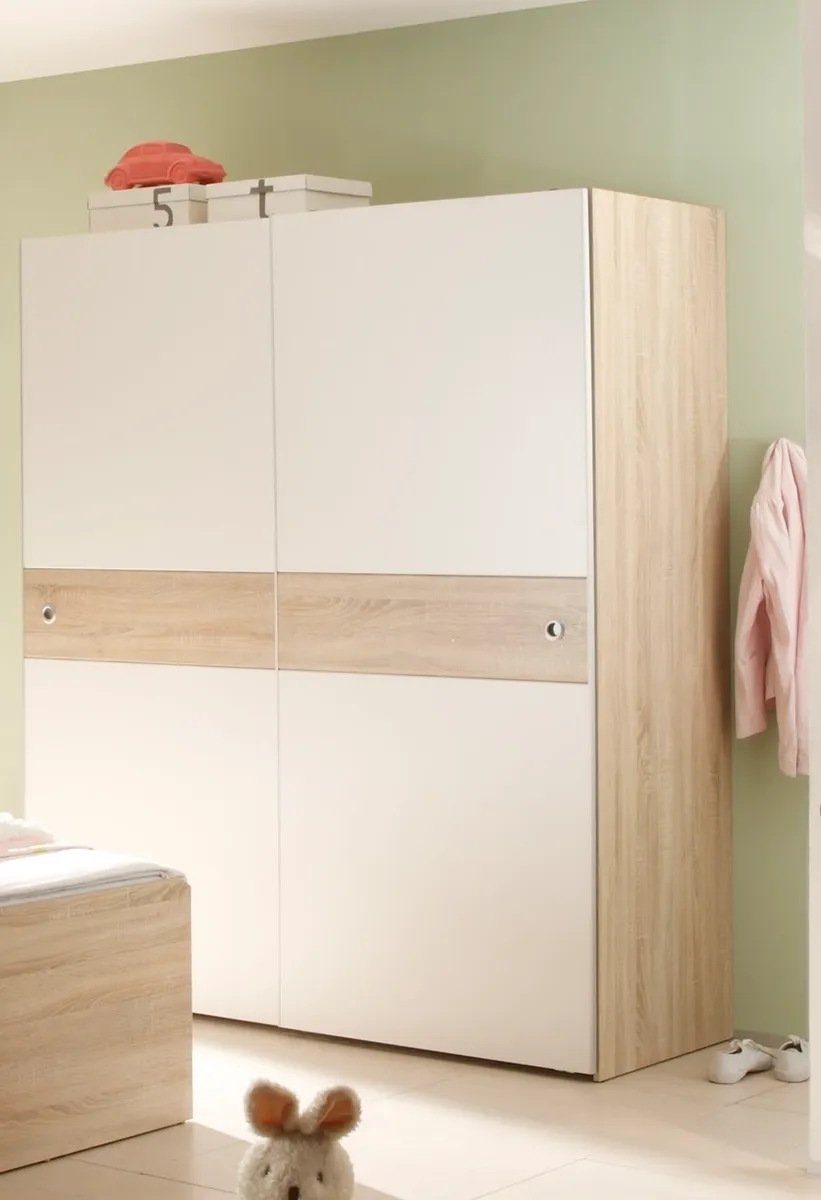 Schwebetürenschrank- B ca. 170 cm, Eiche Dekor, Weiß