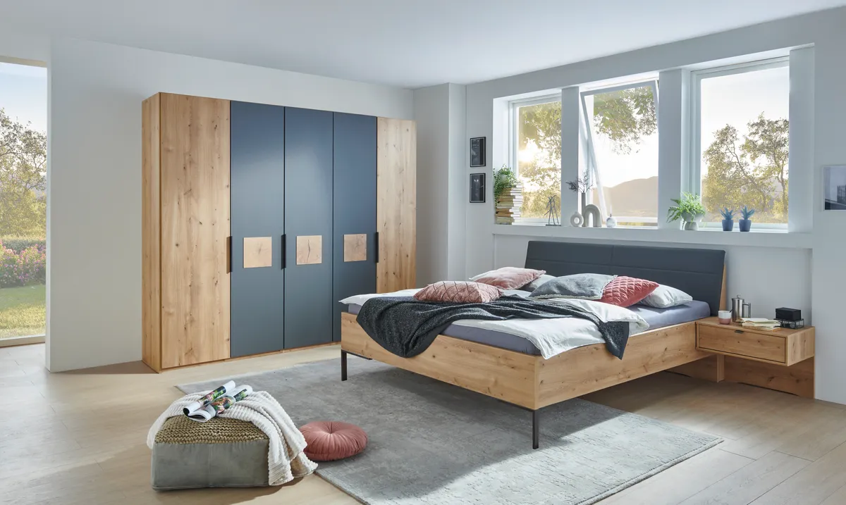 Schlafzimmer - inkl. Polsterkopfteil, Bianco-Eiche-Nachbildung, Lava Dekor, Absetzung Hirnholz, 