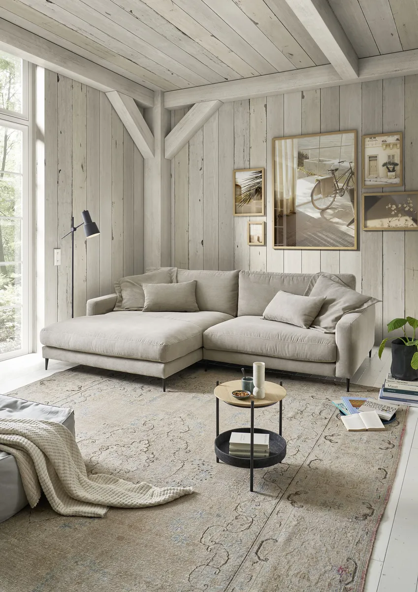 Ecksofa - Longchair links mit 1,5-Sitzer, Stoff, Sand