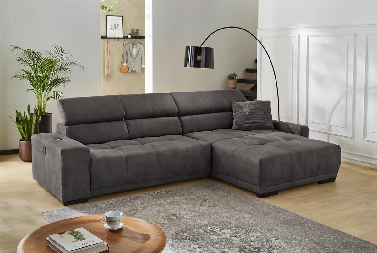 Ecksofa, 2,5-Sitzer, Ecke rechts inkl. Funktionen, Stoff, Dunkelgrau
