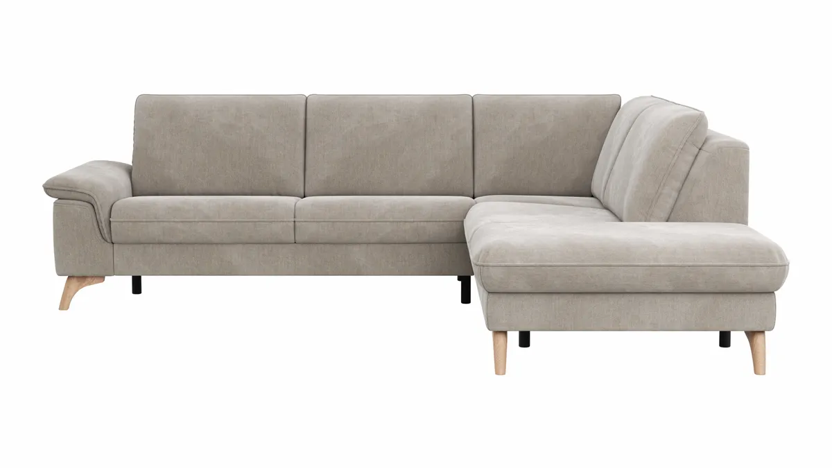 Ecksofa Tulsa KS - 2,5-Sitzer, Spitzecke und 1,5-Sitzer mit Anstellhocker rechts, Stoff, Graubeige