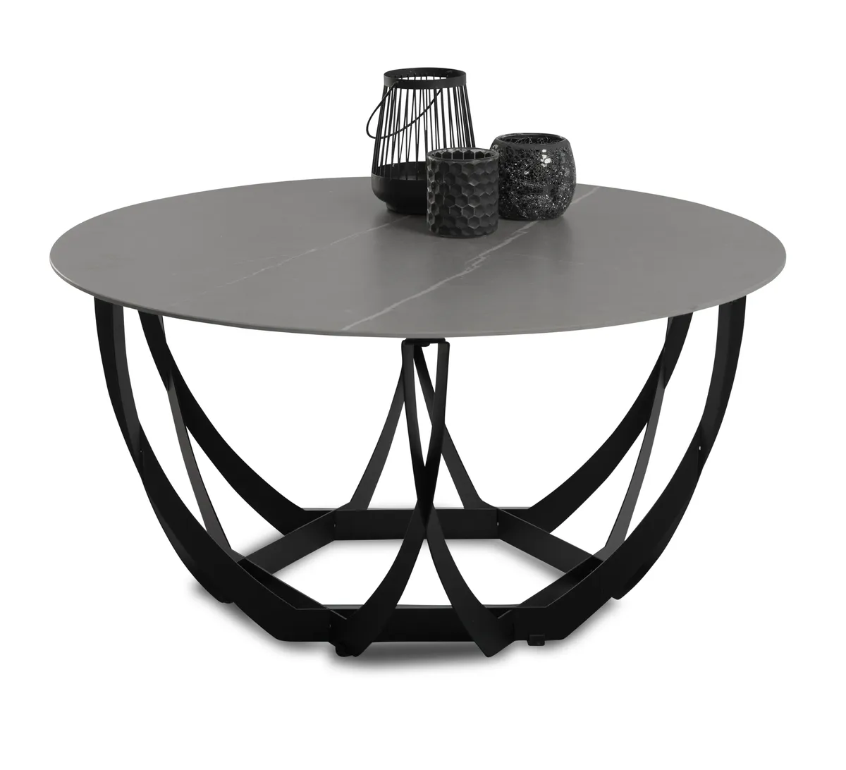 Couchtisch - Ø/H ca. 80x40 cm, Hellgrau marmoriert, Schwarz