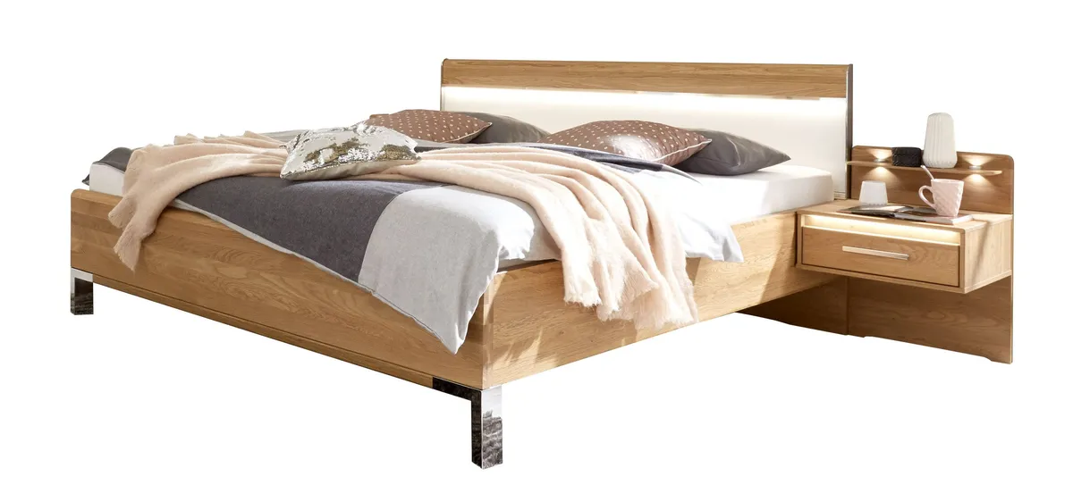 Bett mit Holzkopfteil und Nachtkonsole, mit Beleuchtung