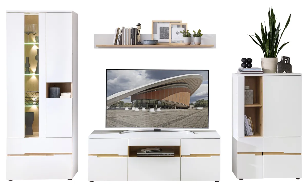 Wohnwand - mit Beleuchtung, Weiß, Artisan Eiche Nachbildung