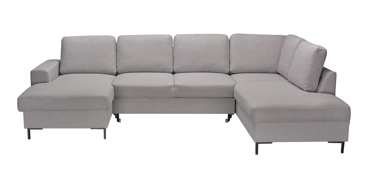 Wohnlandschaft - Longchair links, 2-Sitzer, Ecke rechts inkl. Schlaffunktion und Bettkasten, Stoff, Hellgrau