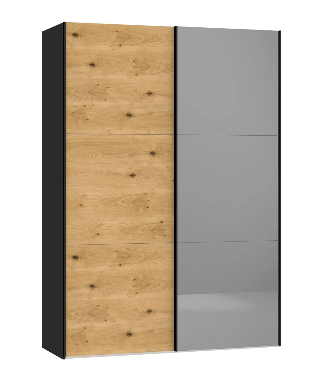 Schwebetürenschrank JOIN IT- B ca. 152 cm., Schwarz, Eiche, Furniert, Spiegel, Dunkel