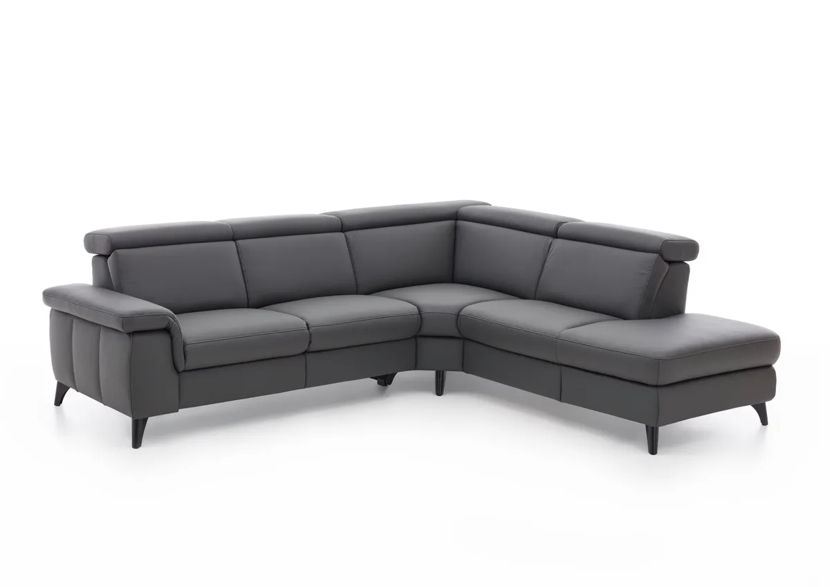 Ecksofa EM Salo - mit Kopfteilverstellung, 2,5-Sitzer mit Ecke rechts, Leder, Anthrazit