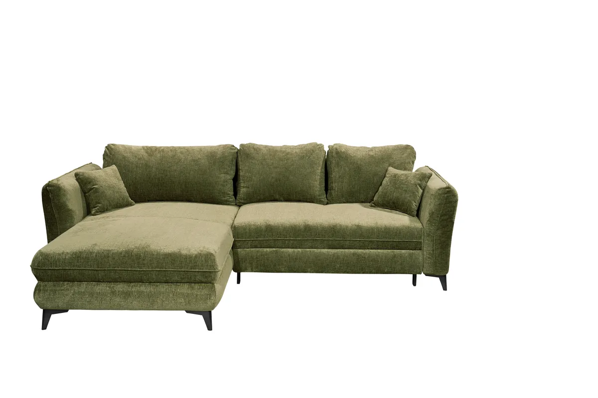 Ecksofa - Longchair links mit 2-Sitzer, Schlaffunktion mit Bettkasten, Stoff, Moosgrün