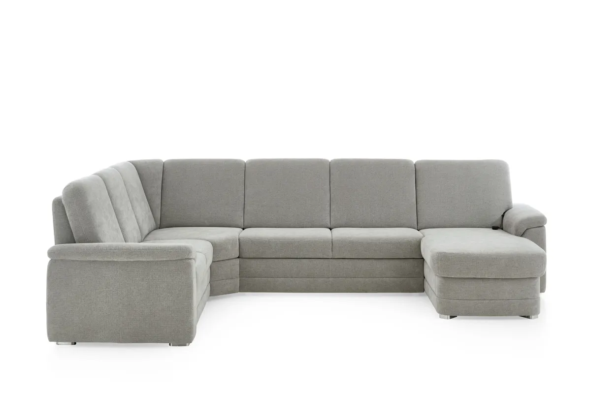 Wohnlandschaft  - Ecke links mit 2,5-Sitzer und Longchair rechts, Stoff Alufarben