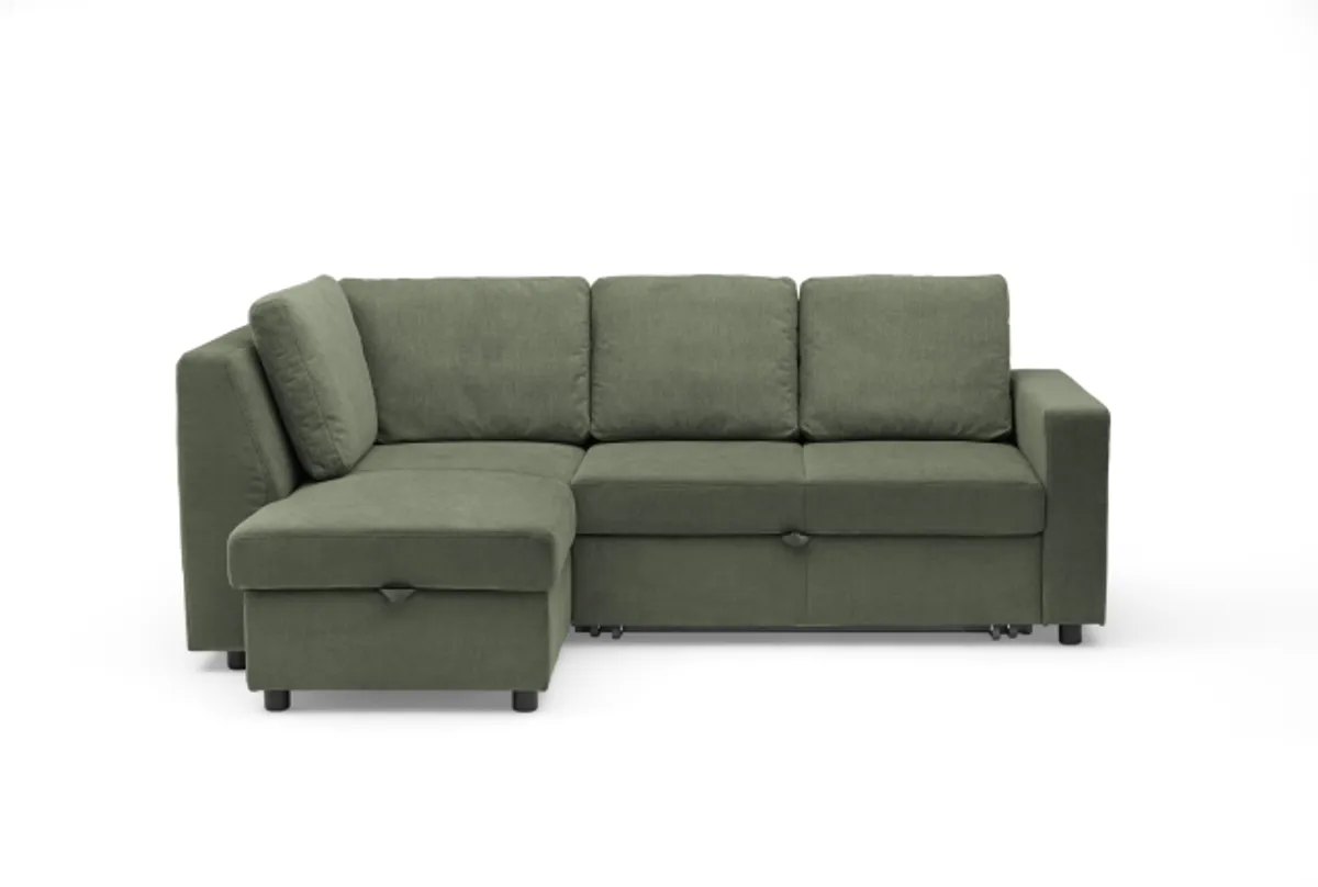 Ecksofa PRO FLEXX - Ecke links, 2-Sitzer inkl. Schlaffunktion und Bettkasten, Stoff, Dunkelgrün