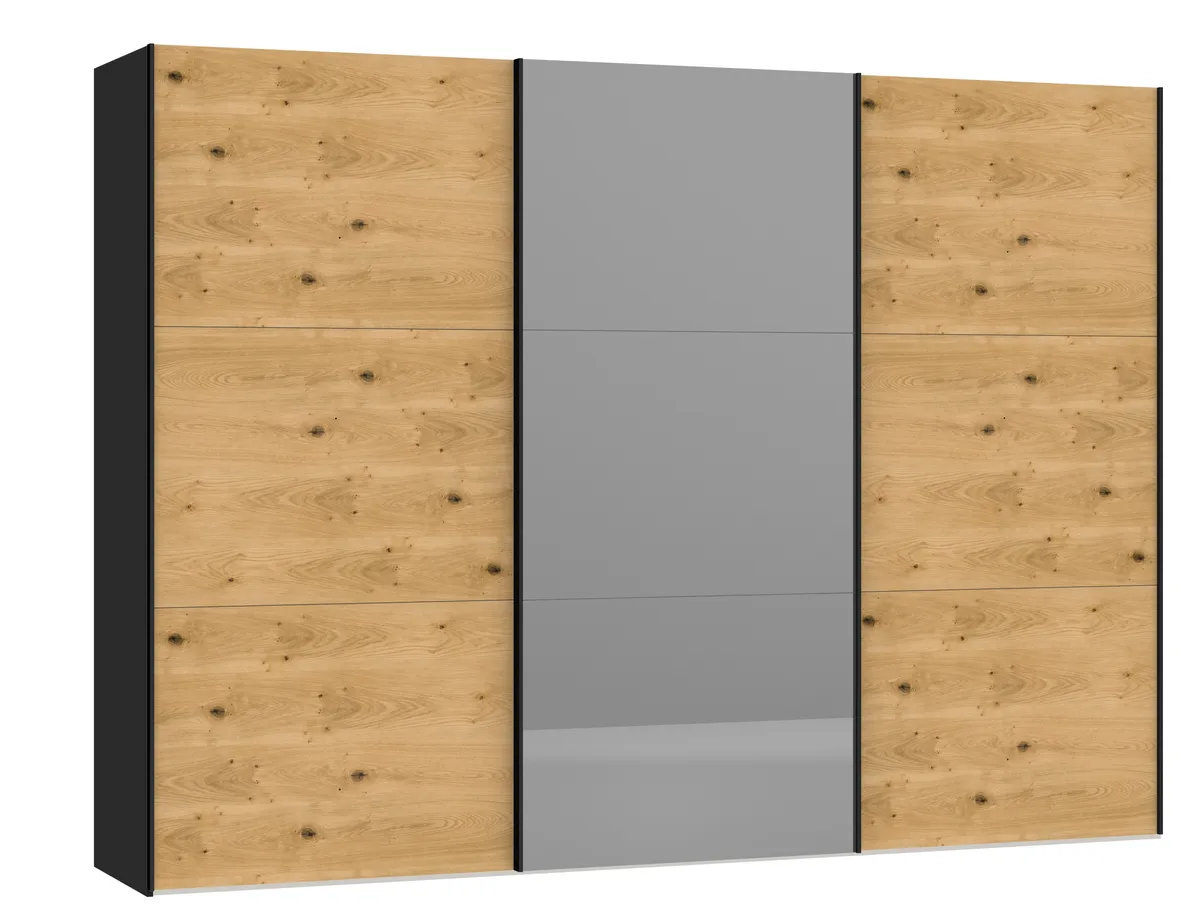 Schwebetürenschrank JOIN IT- B ac. 303 cm., Schwarz, Eiche, Furniert, Spiegel, Dunkel