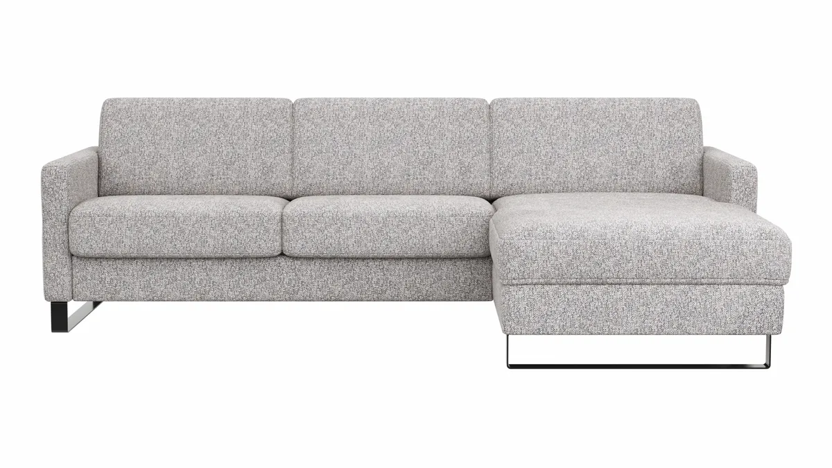 Schlafsofa Laredo - 2-Sitzer mit Longchair rechts inkl. Schlaffunktion mit Bettkasten und Armteile verstellbar, Stoff, Graubeige