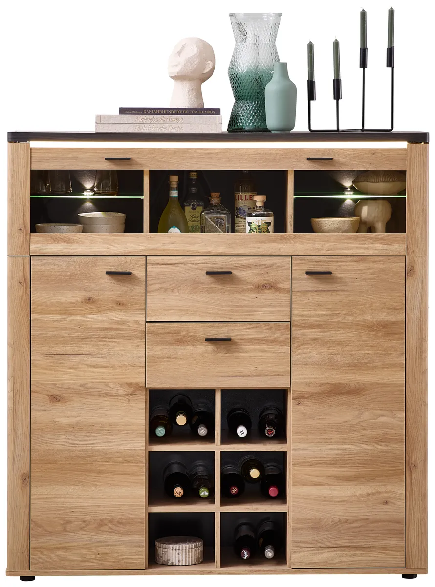 Highboard - mit Beleuchtung, B ca. 128 cm, Eiche Nachbildung, Eiche dunkel Nachbildung