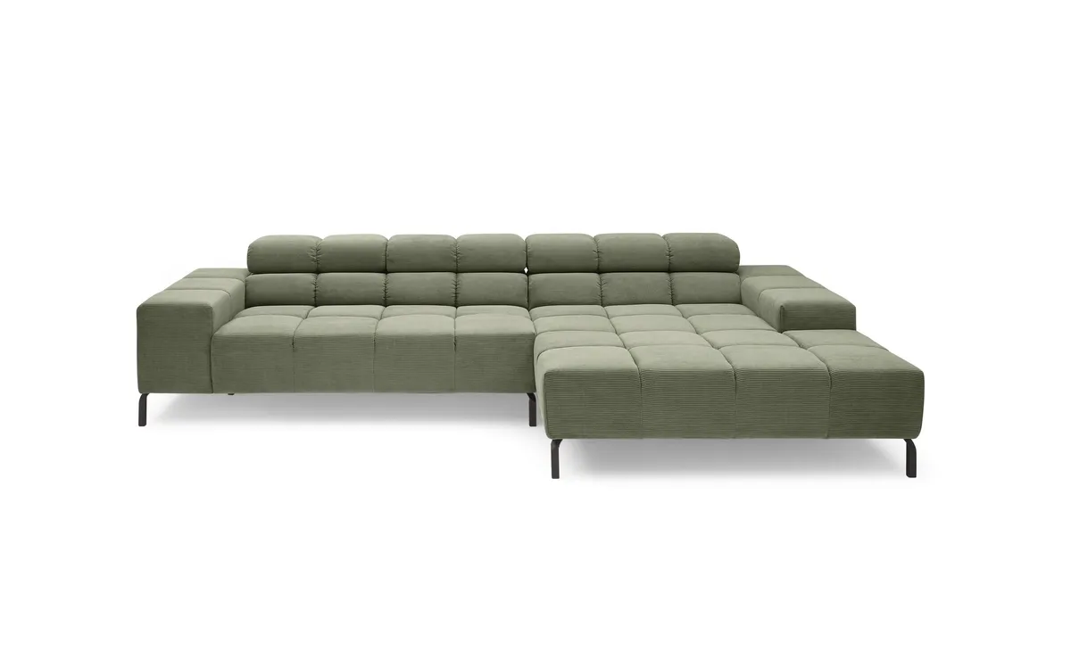 Ecksofa CLIVIA -  2-Sitzer mit Longchair rechts, Sitzvorzug motorisch, Kopfteil verstellbar, Feincord, Olive