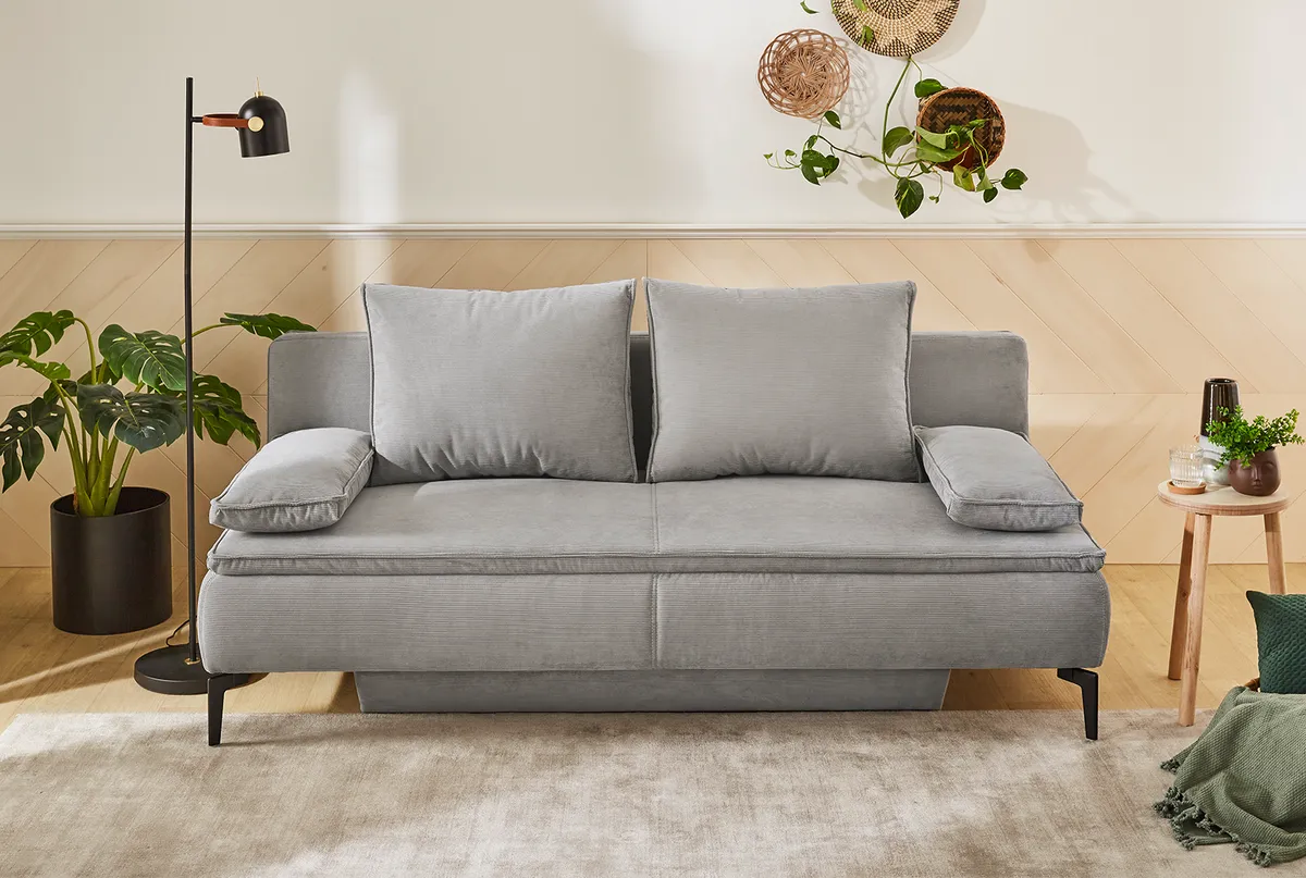 Schlafsofa - 2-Sitzer inkl. Schlaffunktion mit Bettkasten, Cord, Grau 