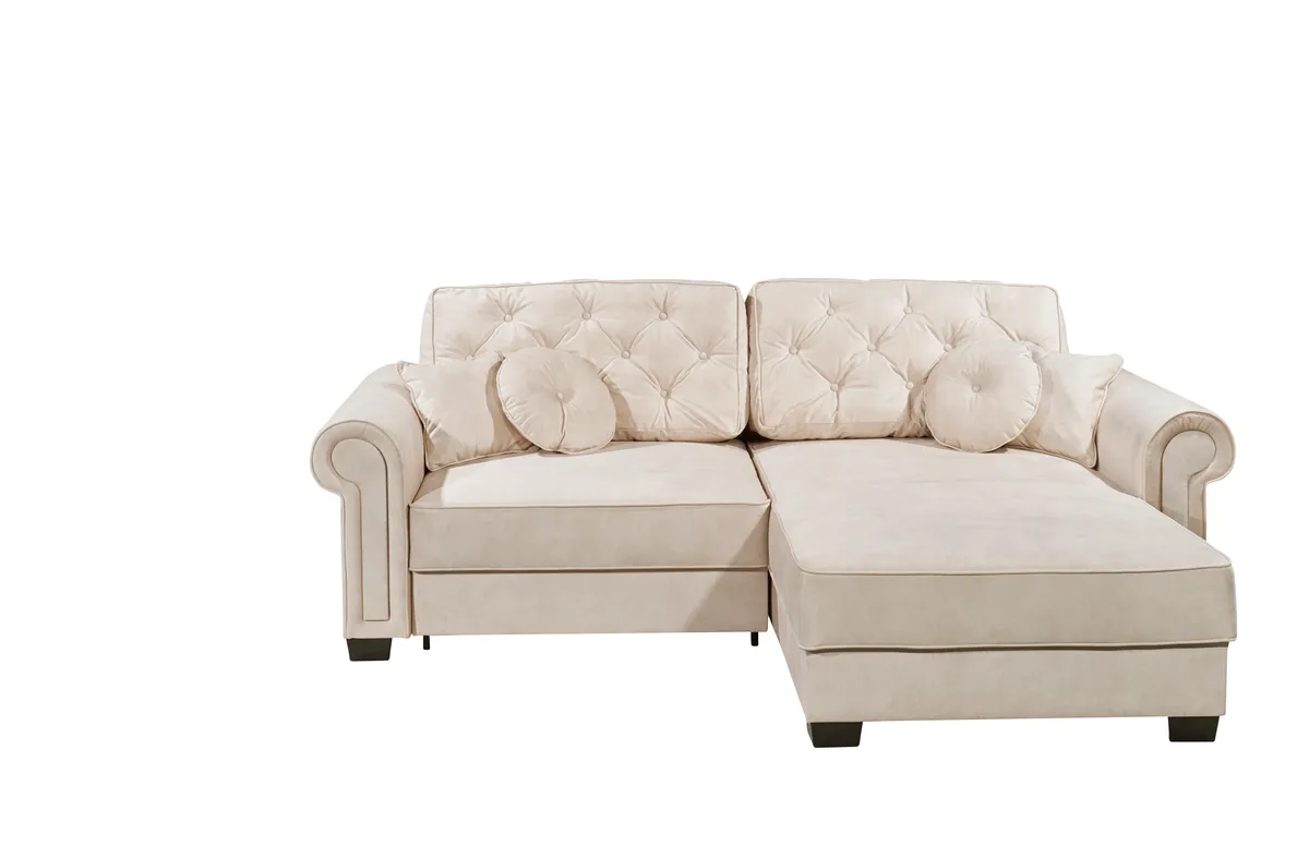 Ecksofa  - Sofa 2-Sitzer mit Longchair rechts, Schlaffunktion mit Bettkasten, Stoff, Creme