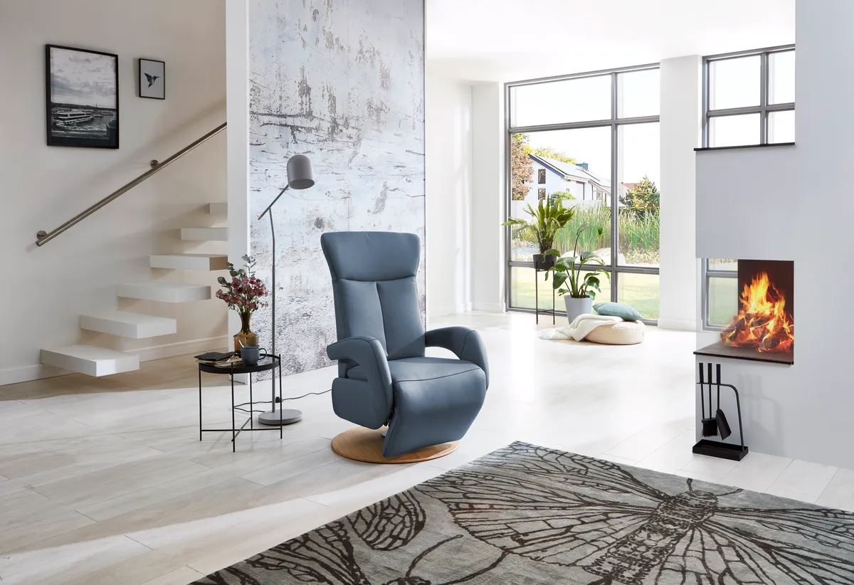 Fernsehsessel EM Plauen - Relaxfunktion, Leder, Graublau