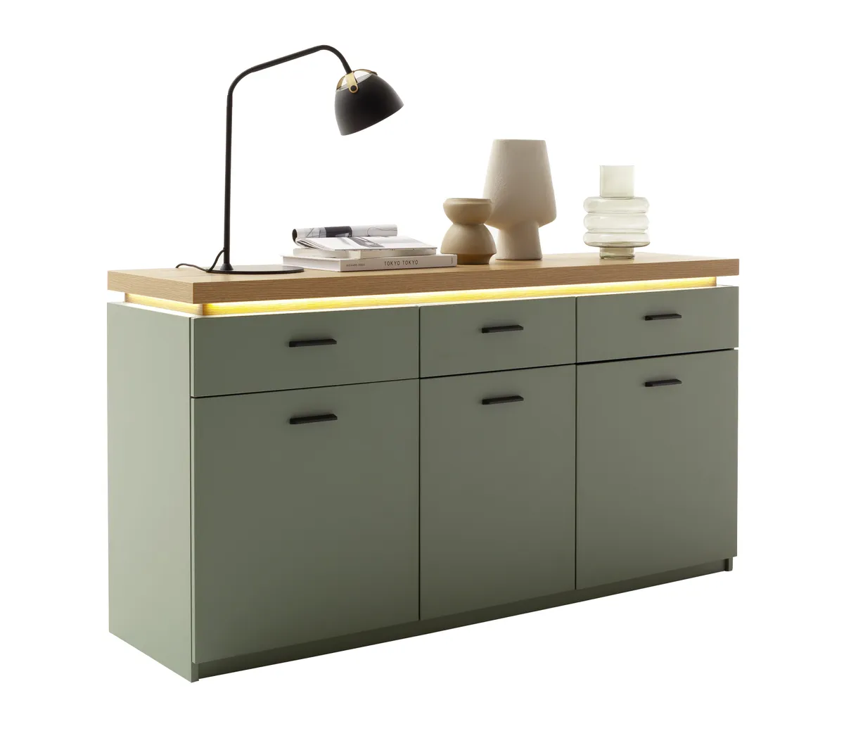 Sideboard - mit Beleuchtung, B ca. 156 cm, Salbeigrün, Eiche Evoke Nachbildung