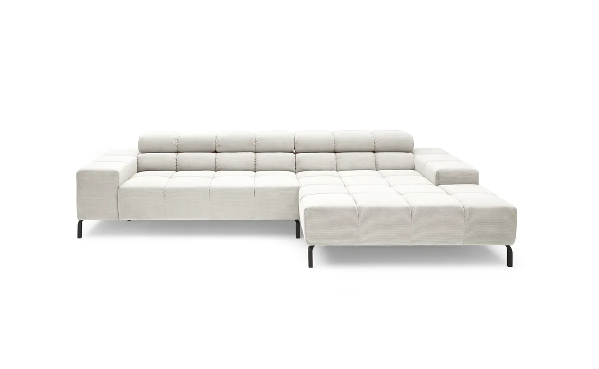 Ecksofa CLIVIA - 2-Sitzer mit Longchair rechts, Kopfteil verstellbar, Feincord, Creme