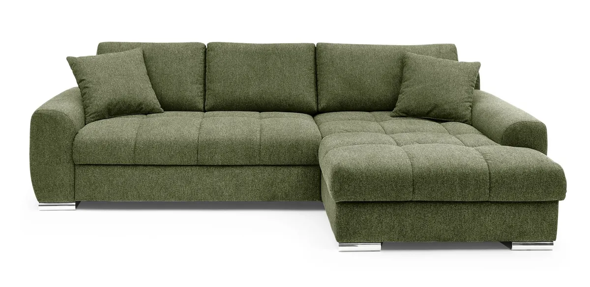 Polsterecke NANJA -  2-Sitzer, Ecke rechts inkl. Schlaffunktion mit Bettkasten, Stoff Grün