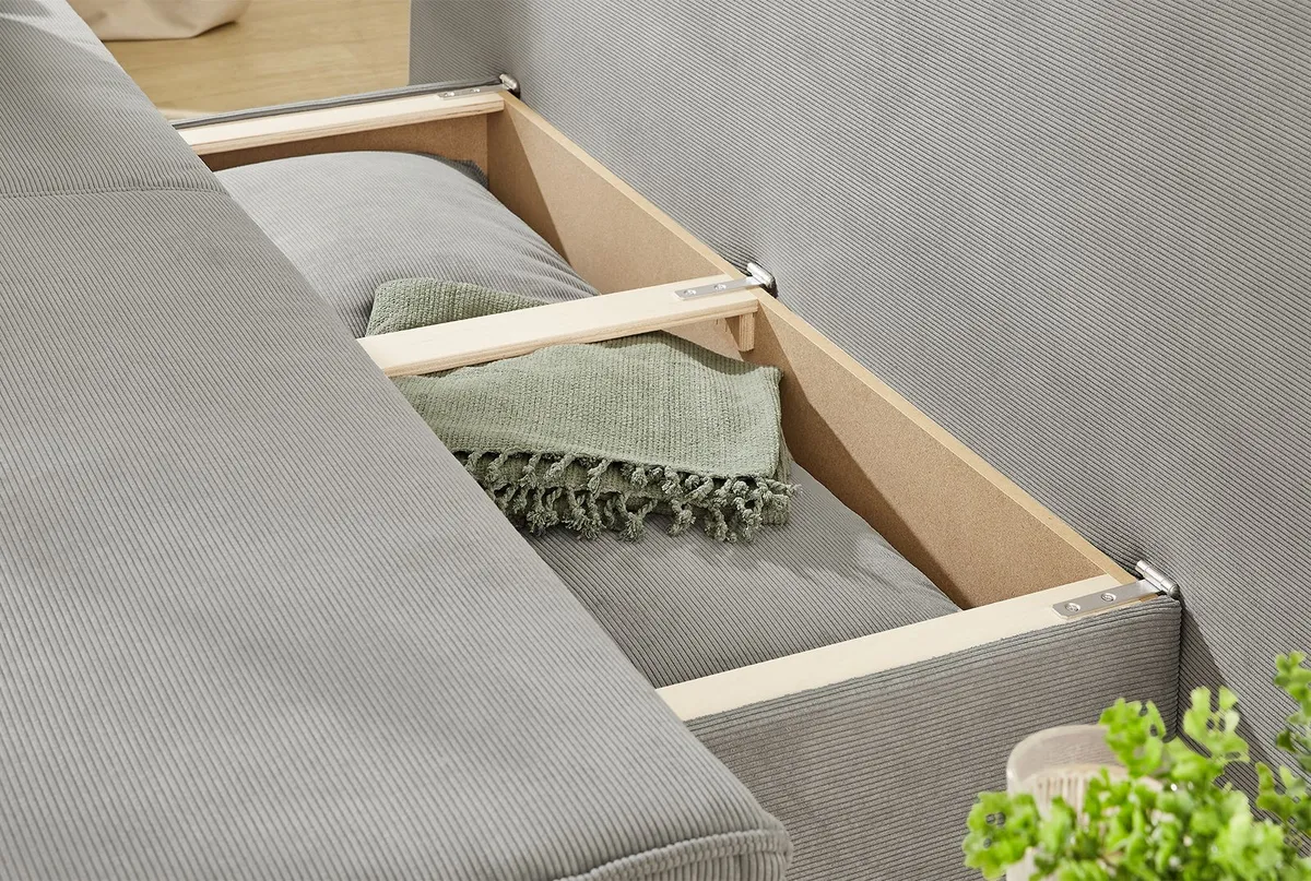 Schlafsofa - 2-Sitzer inkl. Schlaffunktion mit Bettkasten, Cord, Grau 