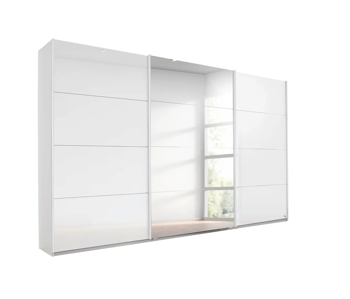 Schwebetürenschrank RIVASA- B ca. 361 cm, Weiß, Weiß Hochglanz, Spiegel