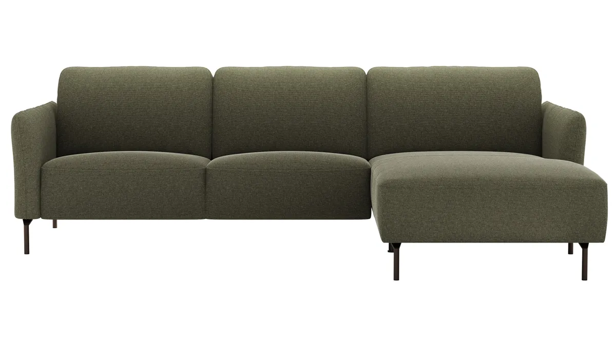 Ecksofa Leona - 3-Sitzer mit Longchair rechts inkl. Sitzvorzug motorisch, Stoff, Braungrün