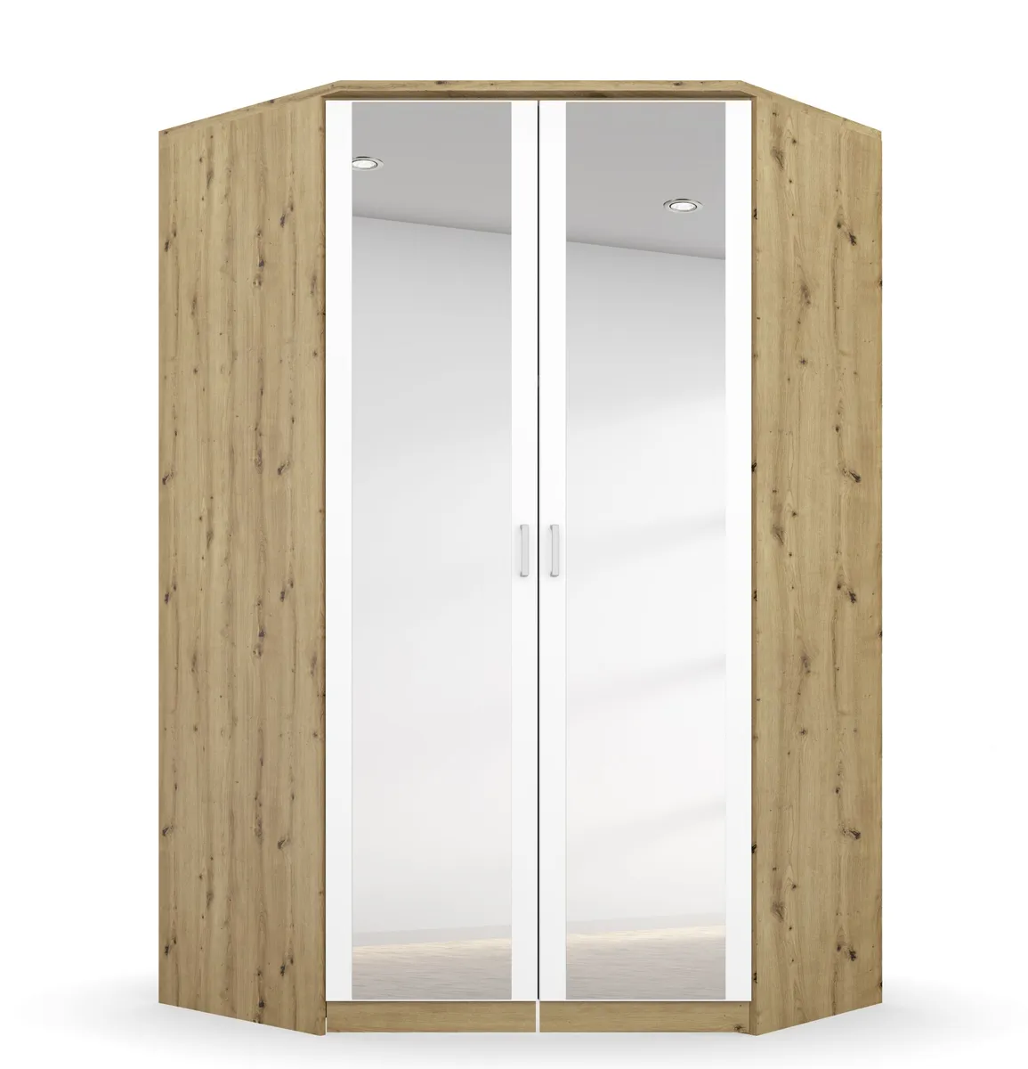 Eckschrank ROYAN- B ca. 117 cm, Eiche Dekor, Weiß, Spiegel