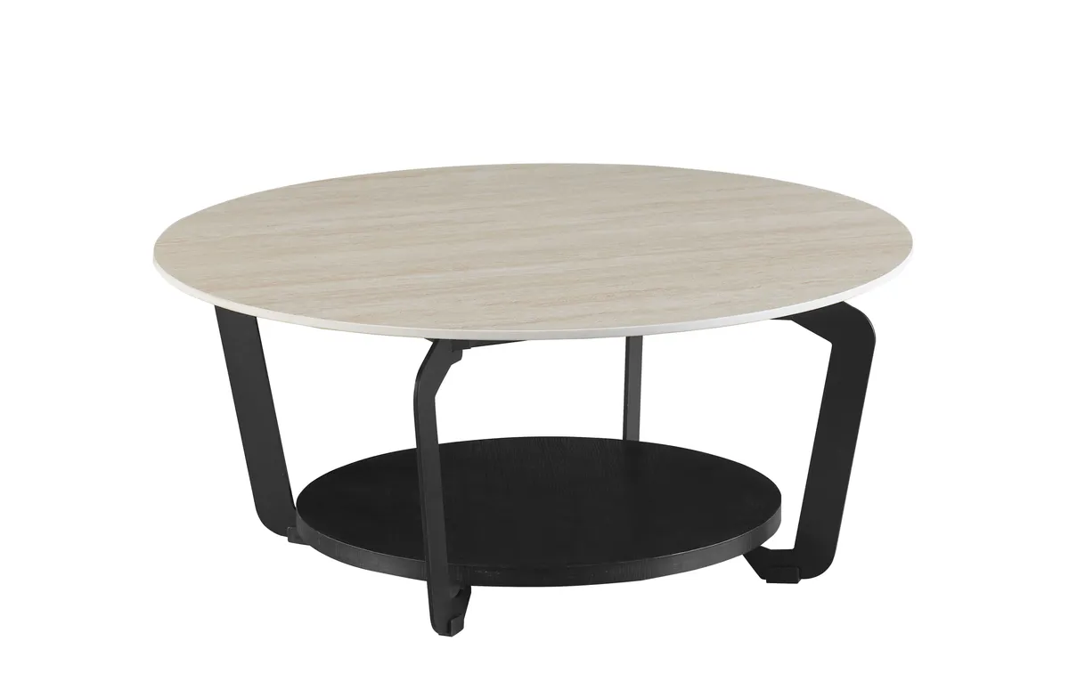 Couchtisch - Ø/H ca. 90x42 cm, Travertinoptik, Schwarz