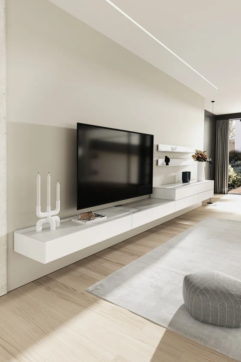 Wohnwand 3900 - Hängend, Lack matt, Weiß, Keramik, Weiß