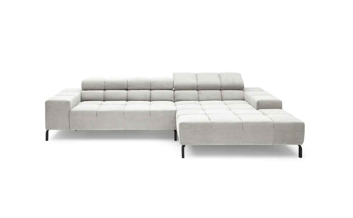Ecksofa CLIVIA - 2-Sitzer mit Longchiar rechts, Sitzvorzug motorisch, Kopfteil verstellbar, Stoff, Silberfarben